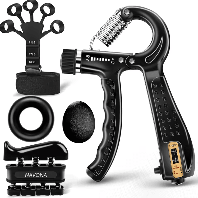 PowerGrip 5-in-1 Grip Trainer Kit Adjustable Hand Gripper Set with Finger Exercisers & Stress Ball for Strength