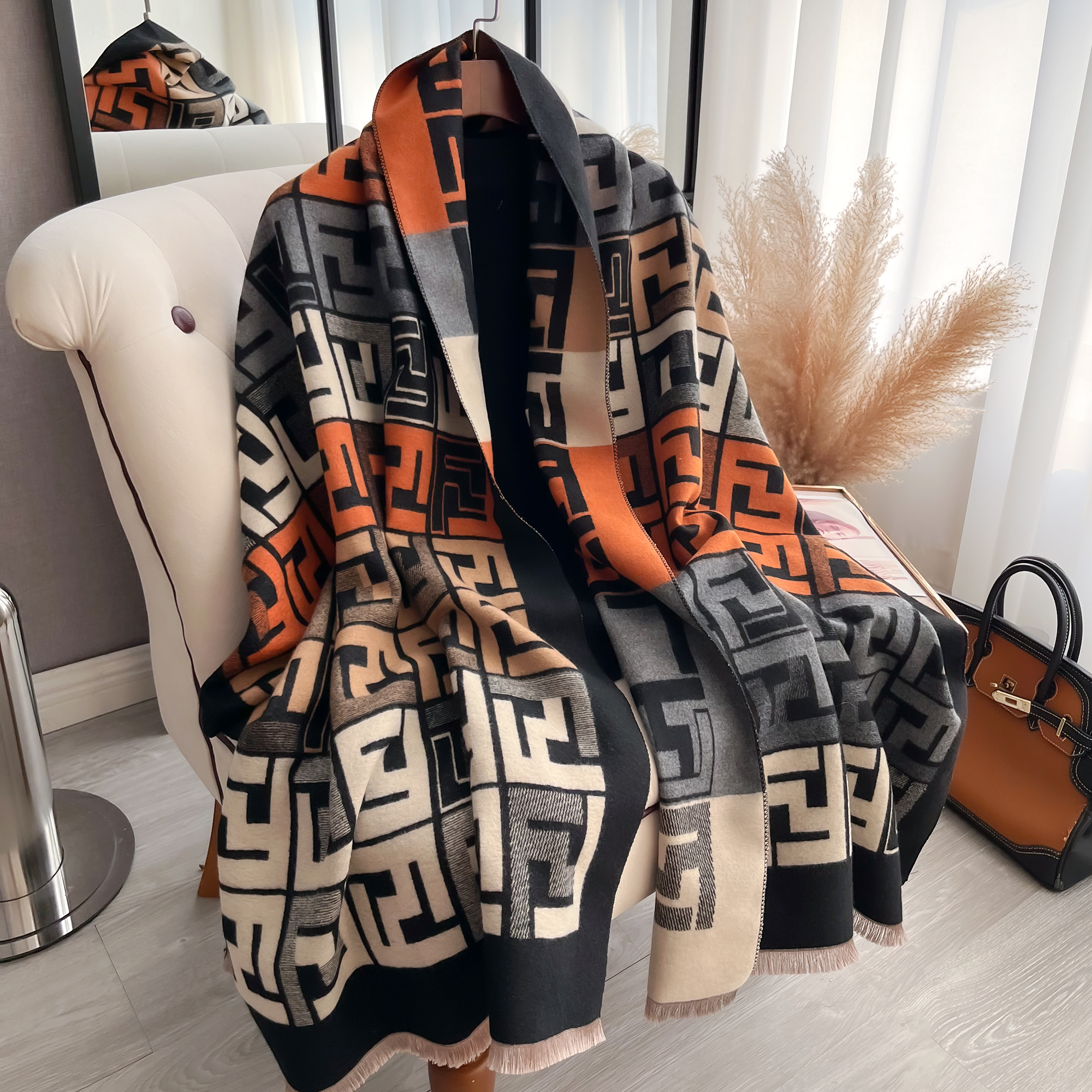 Luxury Women Two-Sided Print Scarf, Soft Warm Pashmina Fashion Shawl, Winter Coldproof Windproof Blanket Scarf