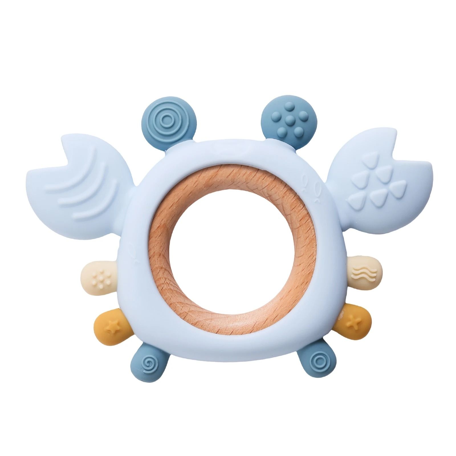 Silicone Crab Baby Teether with Natural Wooden Ring – BPA-Free Molar Toy