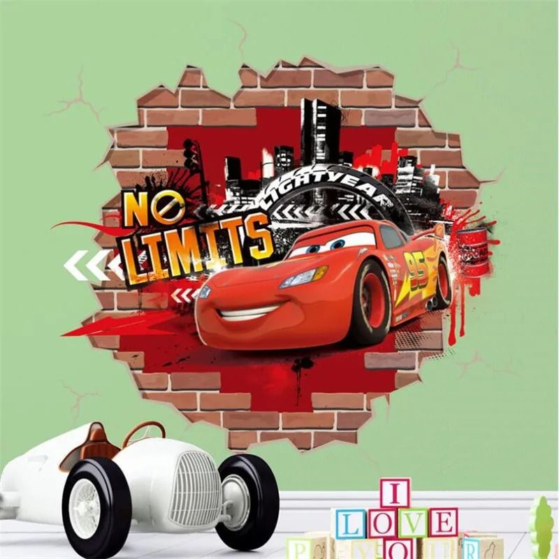 3D Cartoon Cars Breakthrough Wall Decal | Lightning McQueen Racing Mural | High-Fidelity Kid's Room & Playroom Art