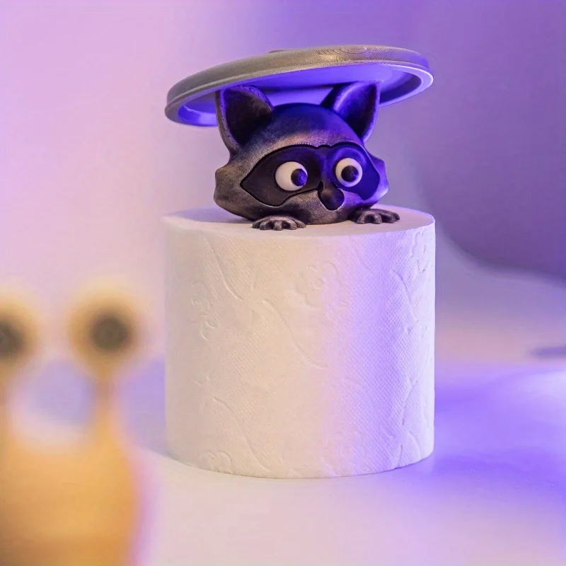 3D Printed Raccoon Toilet Roll Holder White Plastic Tissue Holder with Lid Playful Bathroom Decor