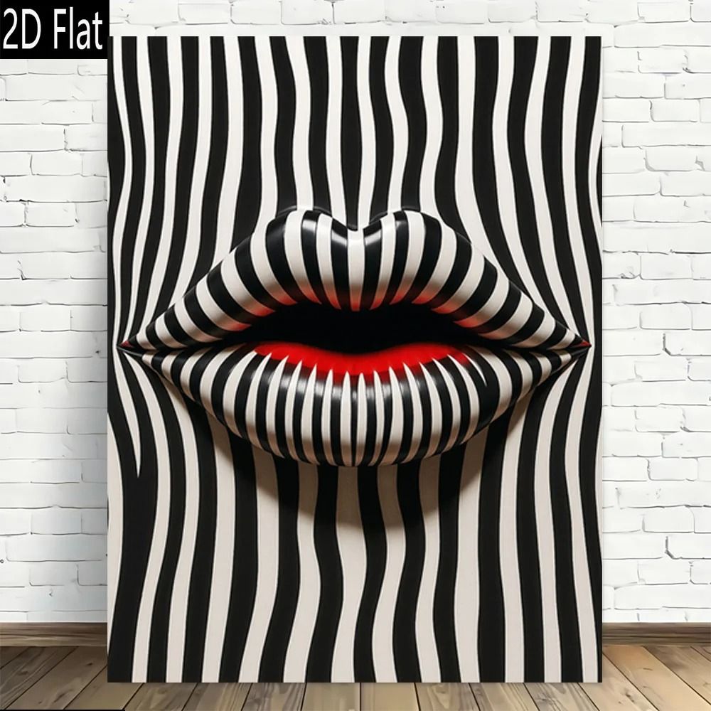 Abstract Striped Lips Canvas Art Print – Modern Black and White Wall Decor
