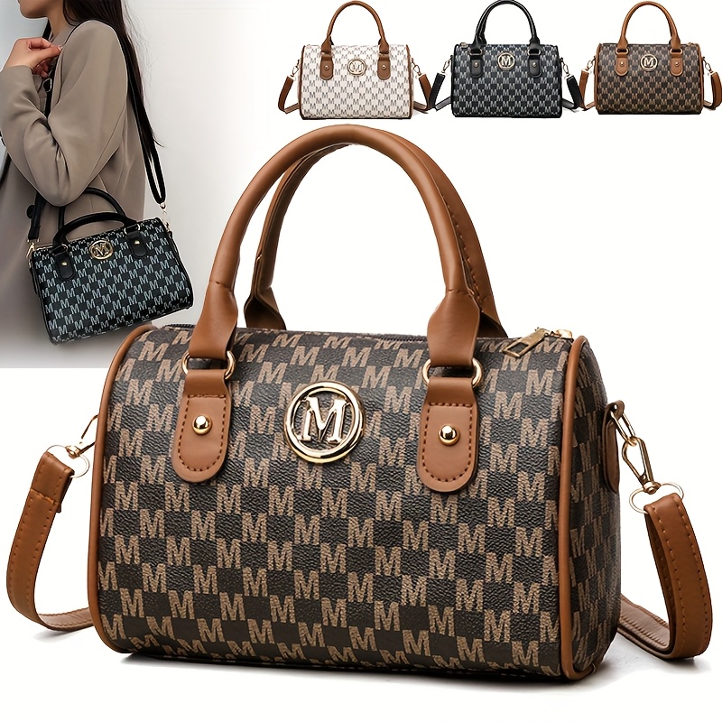 Women Alphabet Shoulder Bag with Golden Logo Faux Leather Crossbody Bag for Work Travel Parties & Gift