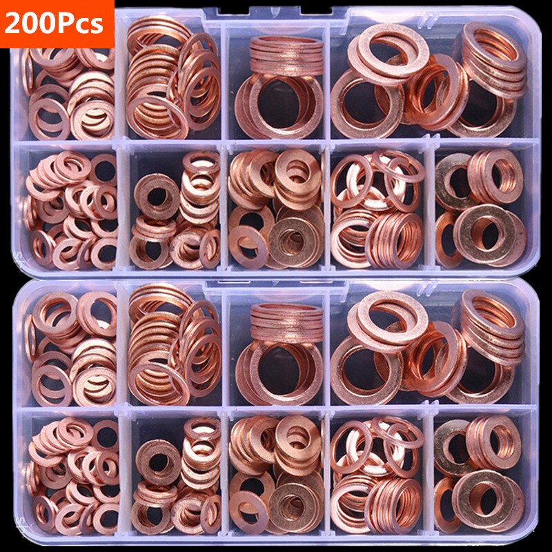 Copper Washer Gasket Nut and Bolt Set Flat Ring Seal Assortment Kit with Storage Box for Precision Assembly