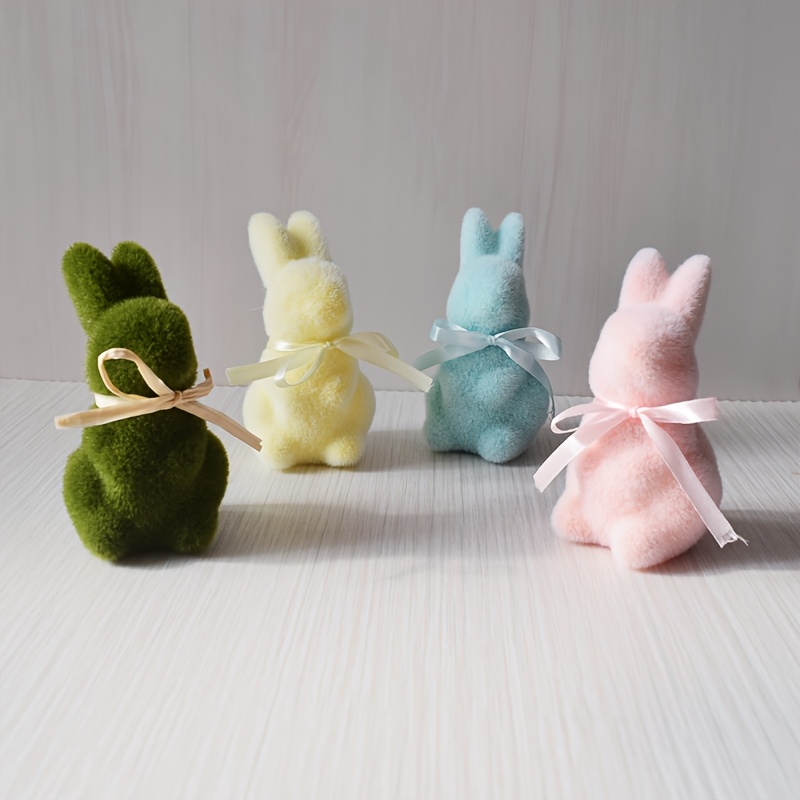 Flocked Foam Rabbit Ornaments Easter Bunny Decorative Figurines with Bow for Party and Home Decor