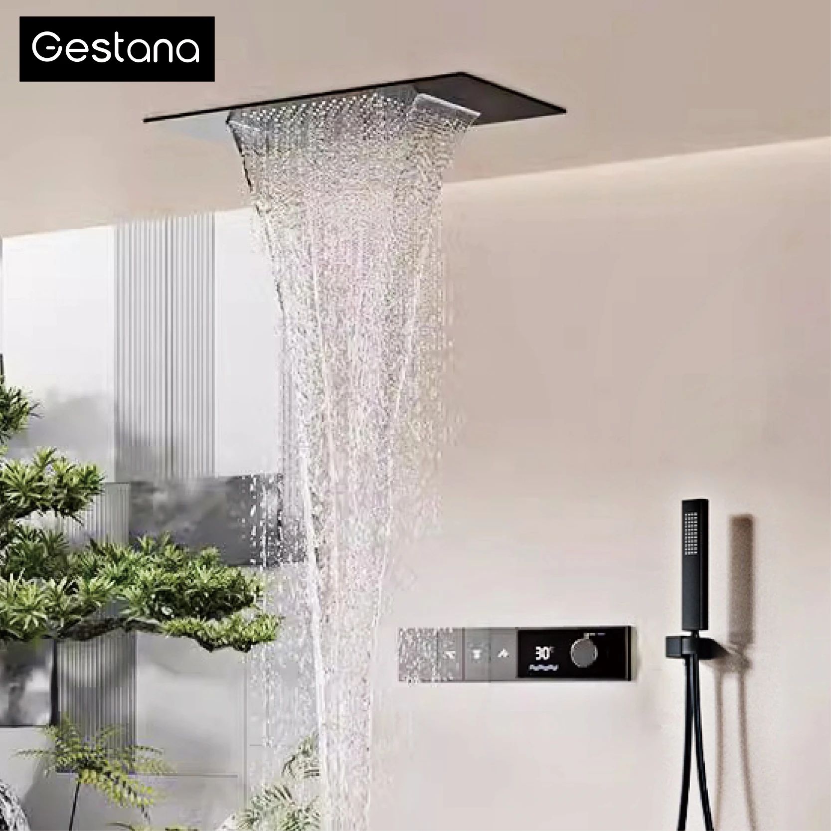 Luxury Thermostatic LED Shower System with Ceiling Waterfall & 3 Spray Modes
