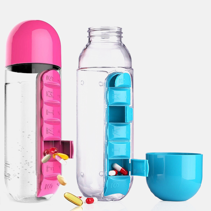 Plastic Water Bottle Combine with Medicine Box, Sports Water Cup Organizer for Pills