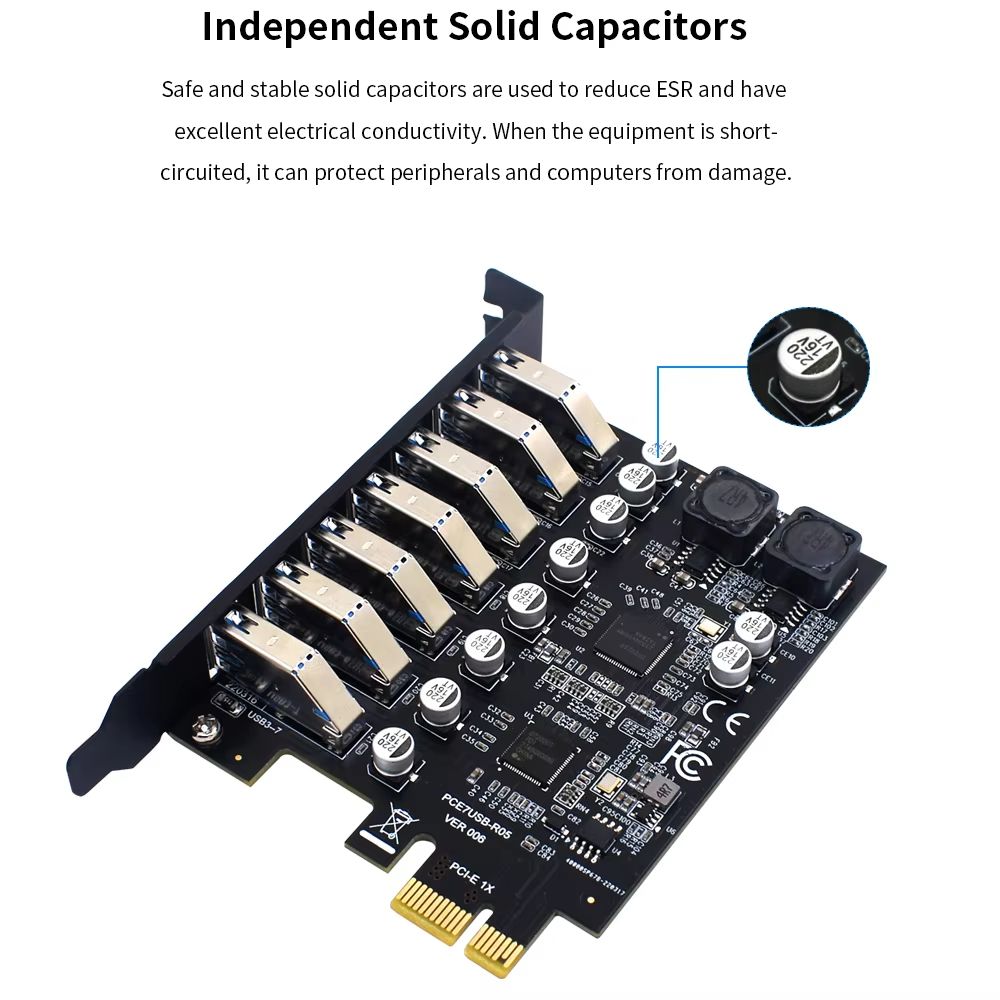 TISHRIC PCIe USB 3.2 Expansion Card with 7 Port Hub for Desktop
