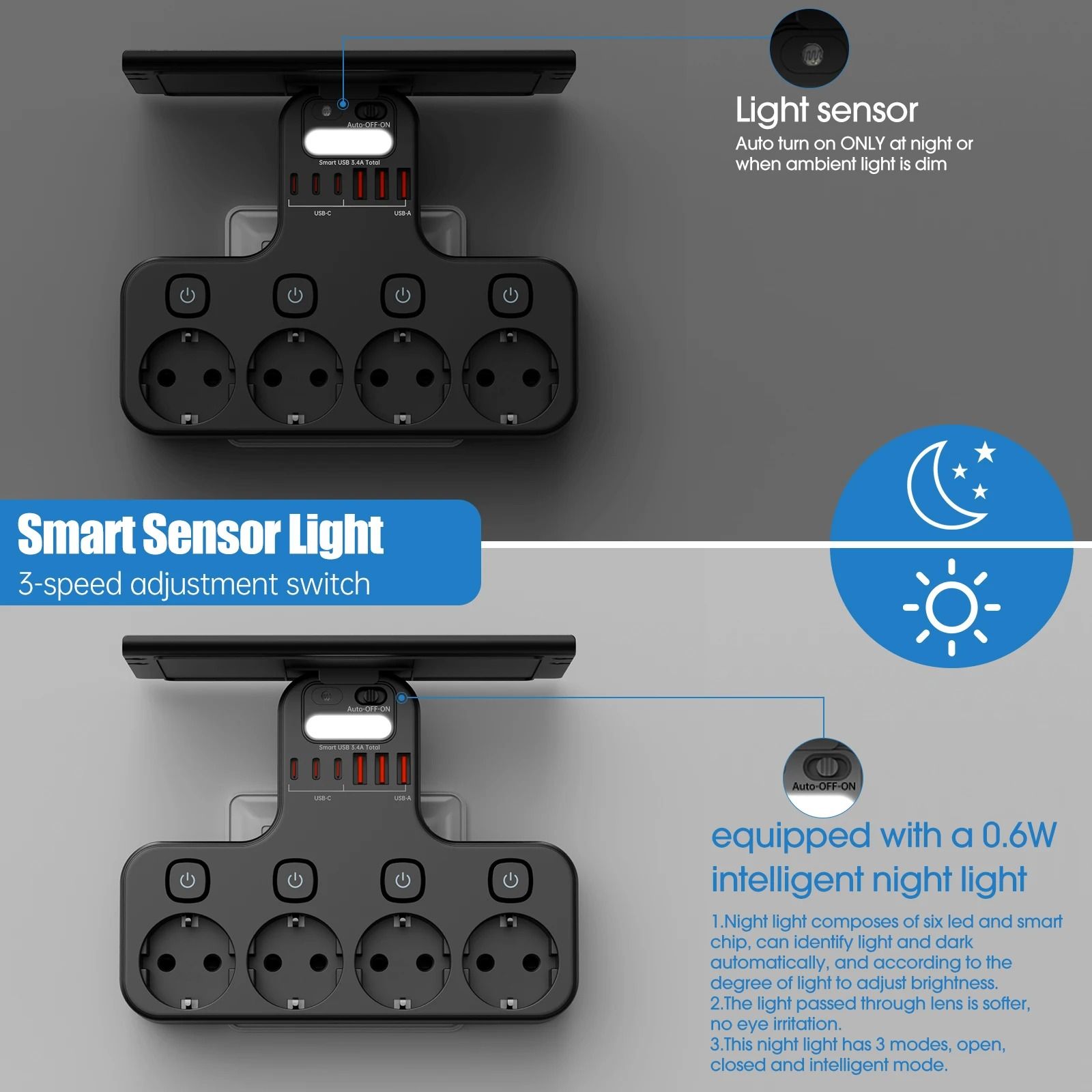 Multifunction Smart Socket with Night Light and Shelf