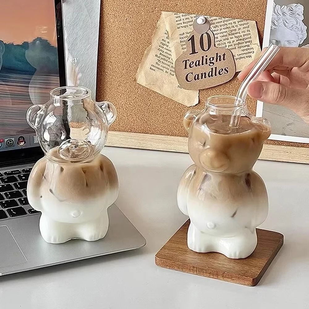 Cartoon Bear Glass Mug – 10.8 oz Creative Transparent Cup with Straw