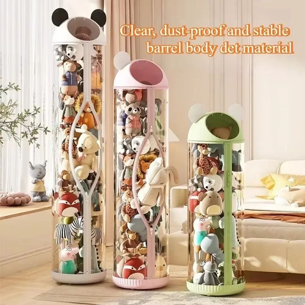 Cartoon Transparent Toy Storage Bucket with Lid – Cute Plush Doll Organizer Tube