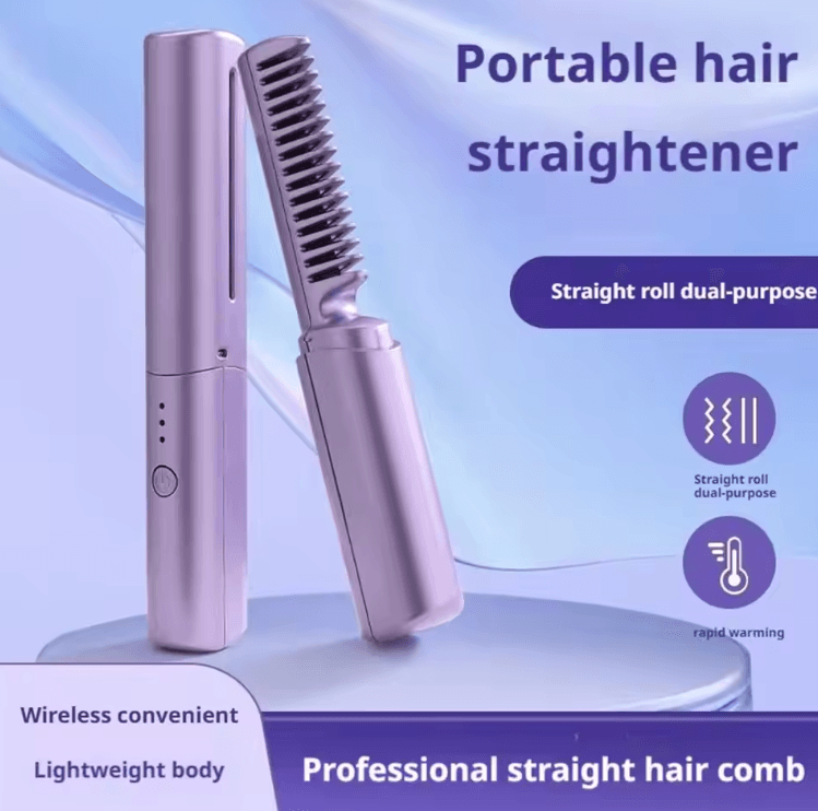 Portable Cordless Ceramic Hair Straightener Comb – 2-in-1 Mini Styling Brush for Short Hair