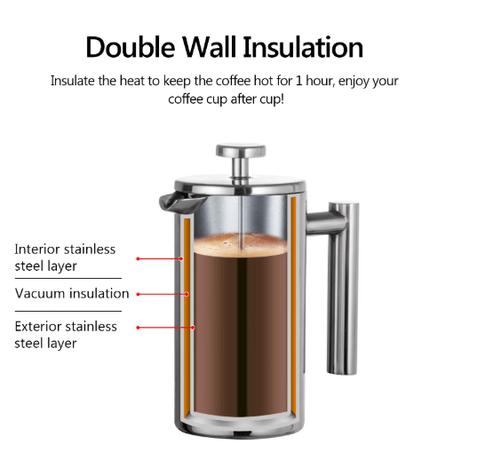 Stainless Steel French Press Coffee Maker Double Wall Insulated Manual Coffee Brewer (350ml–1000ml)
