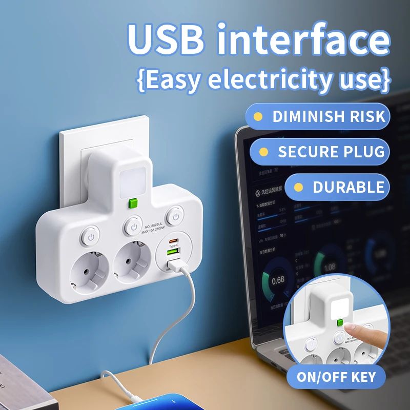 EU Power Strip with USB Charger and Separate Switches