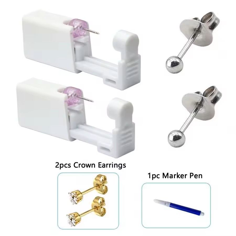 2PCS Disposable Ear Piercing Kit – Built-in Stud Guns + Bonus Cubic Zirconia Earrings | Safe & Easy Home Use Tool