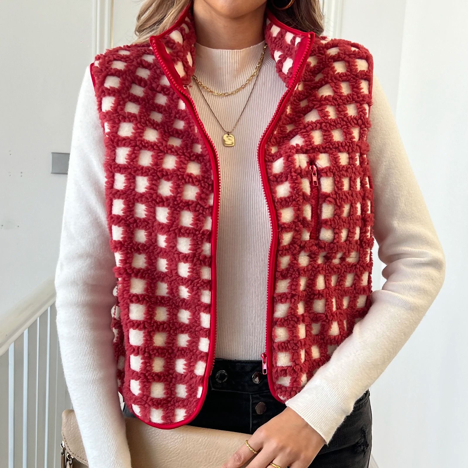 Womens Fuzzy Checkered Vest Zip Up Sleeveless Jacket Vest Warm Stand Collar Casual Outwear