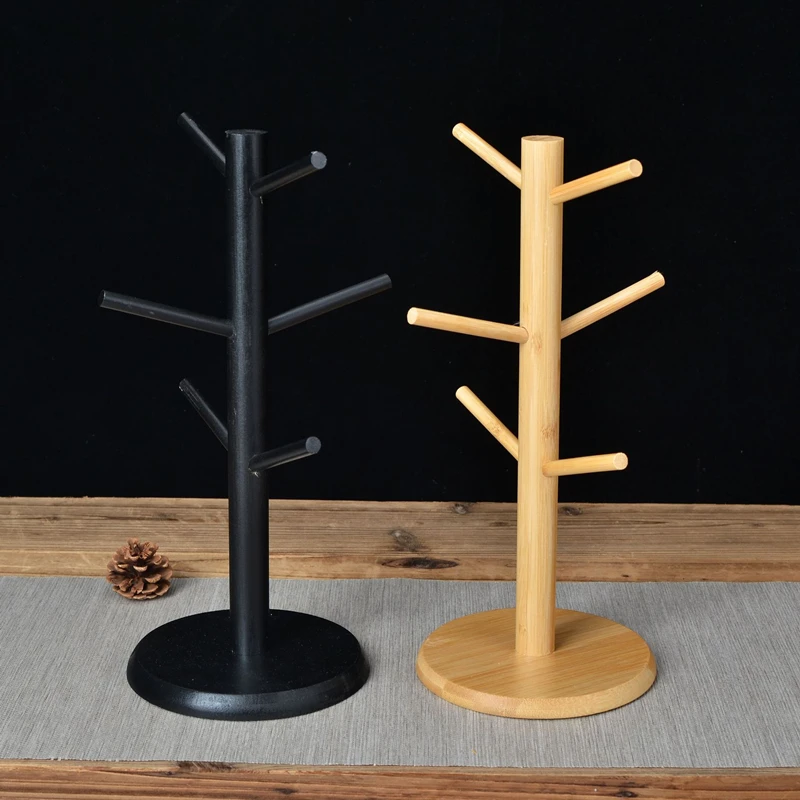 Tree Shape Wood Coffee Tea Mug Storage Stand, Bamboo Display Rack with Hooks for Drinkware Shelf
