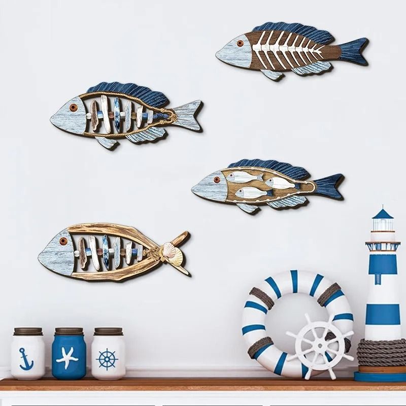 Artisanal Carved Wood Fish Quartet | 4-Piece Marine Sculpture Set for Coastal Home & Nautical Wall Decor