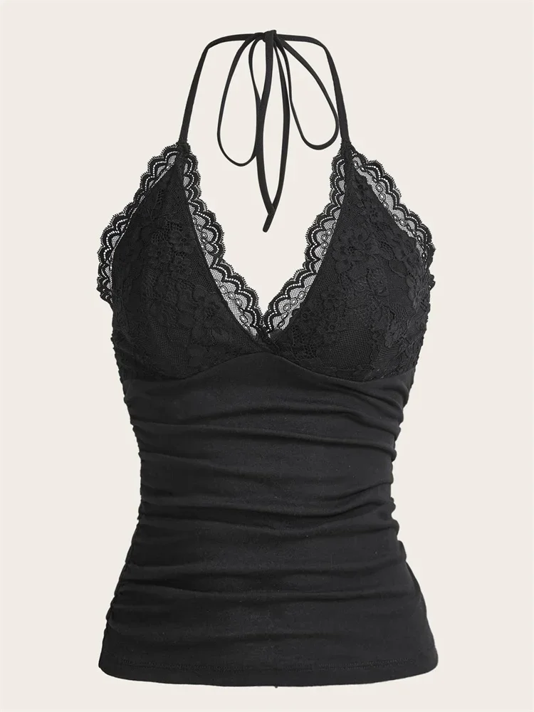 Women Summer Sexy Lace V-neck Halter Top, Grunge Punk Goth, Backless Ruched Cami Crop Top, Trendy Streetwear