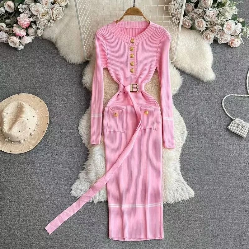French Style Celebrity Temperament Round Collar Slim Bottom Wrap Hip Autumn Winter Dress