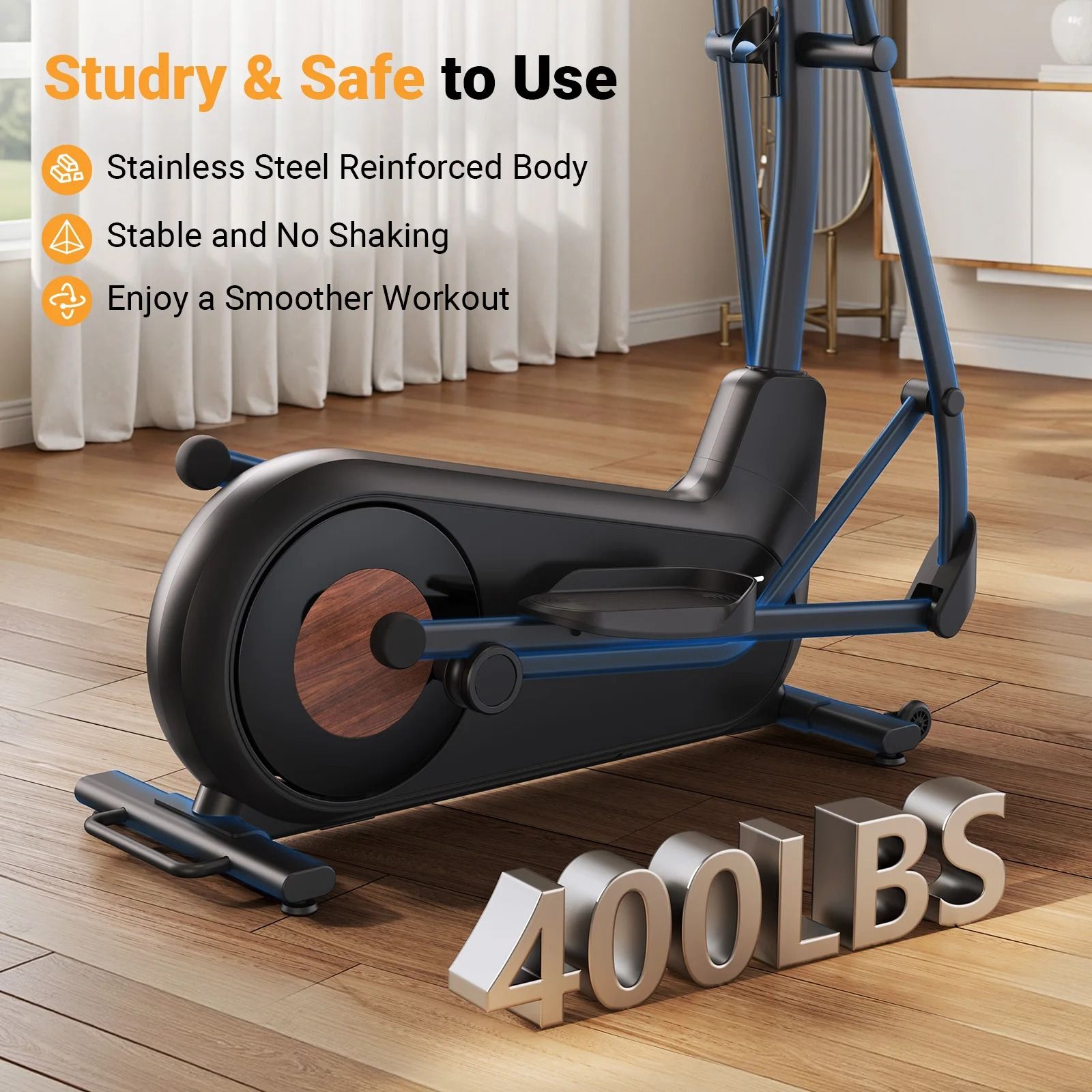 Smooth Quiet Elliptical Trainer with Adjustable Resistance and Long Stride