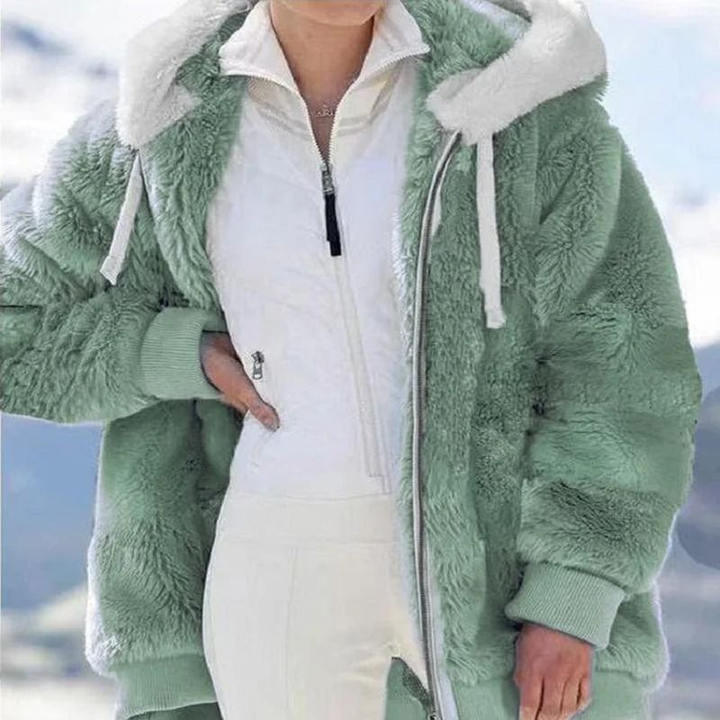 Cozy Womens Plush Hooded Jacket Loose Zip Up Winter Fleece Coat