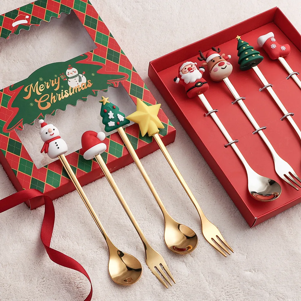 Christmas Gift Set, Gold Silver Cutlery, Spoon Fork Set, Elk Tree Decoration, Dessert Scoop, Fruit Fork, Coffee Spoon