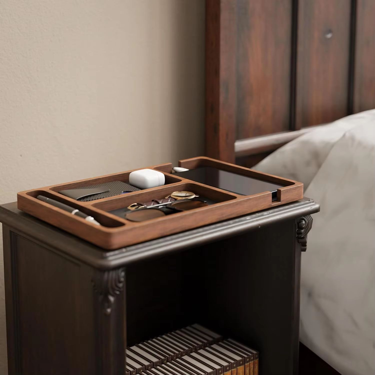 Solid Wood Desktop Storage Box with Partitions for Phones, Headphones, and Small Items