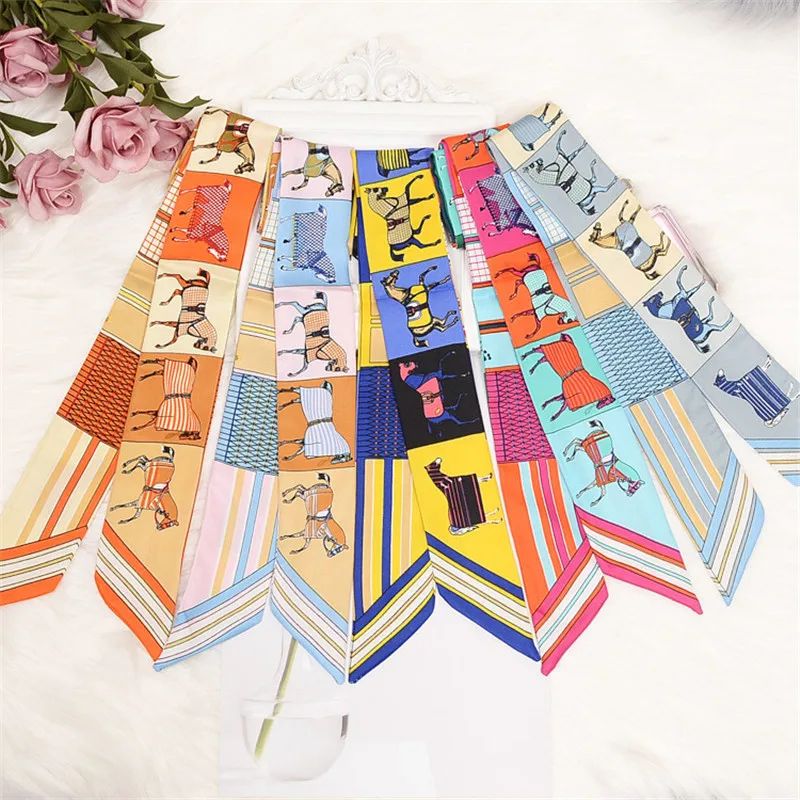 Horse Print Skinny Silk Scarf for Women – Luxury Designer Bag & Hair Tie Ribbon