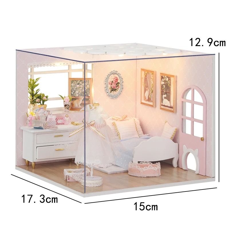 DIY Wooden Mini Dollhouse with Furniture and LED Lights