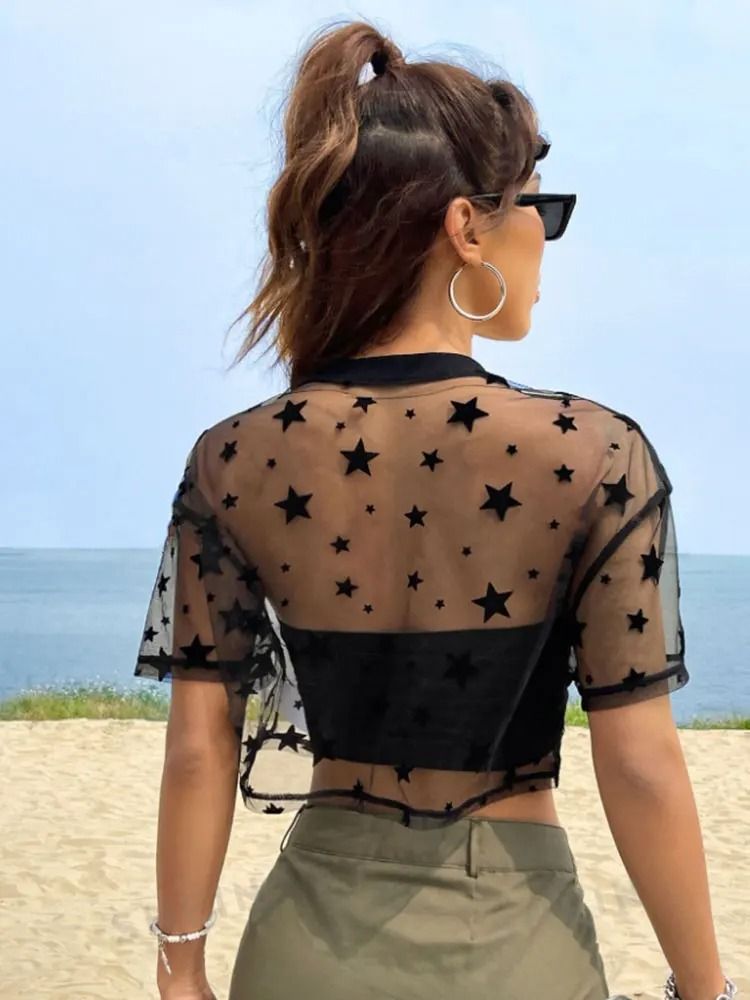 Star Print Drop Shoulder Crop Mesh Top Summer Outfits Without Camisole