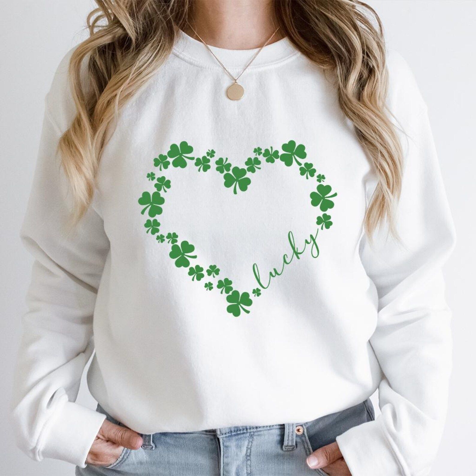 Heart Shamrock Sweatshirt | Lucky Irish St. Patricks Day Clover Heart Crewneck for Women