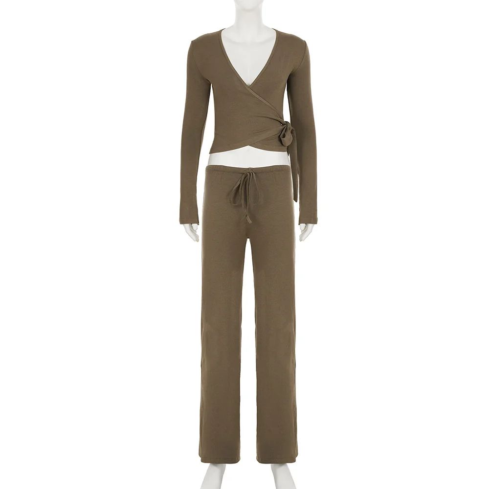 Absobe Women's Autumn Winter Knit 2-Piece Lounge Set – Flare Sleeve Crop Cardigan & Wide-Leg Pants Outfit