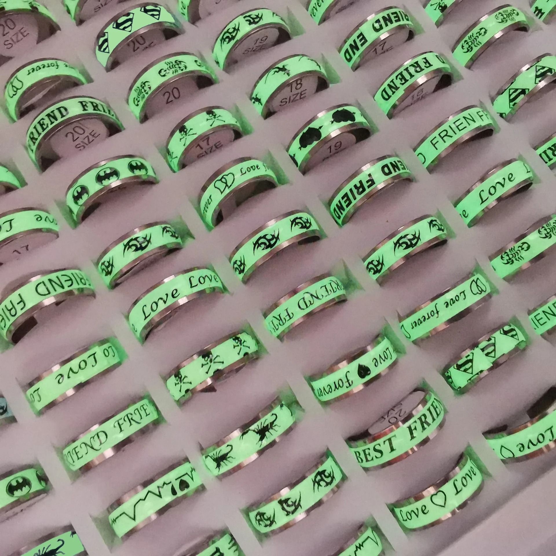 Glow in the Dark Stainless Steel Ring Set 10 Piece Mix