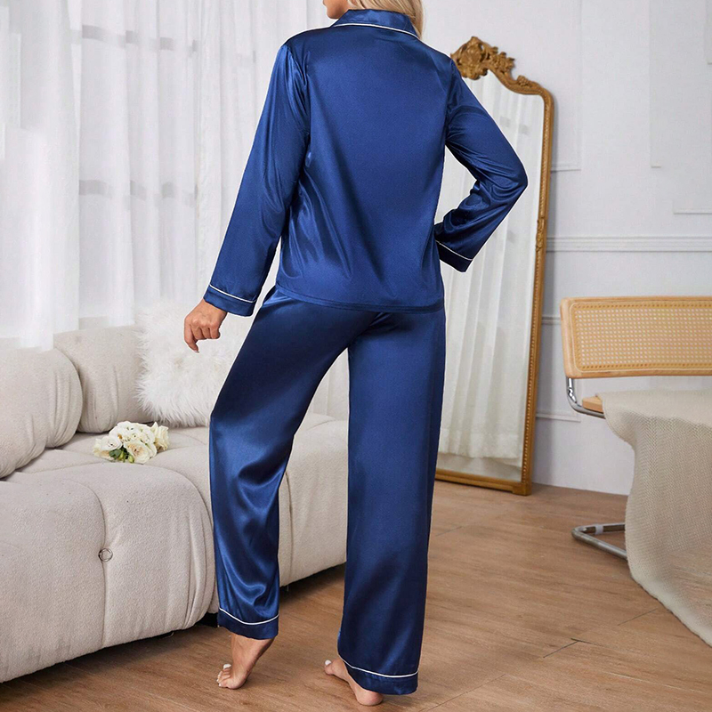 Satin Women's Sleepwear Pajama Set, Long Sleeve Button Top, Elastic Pants Loungewear