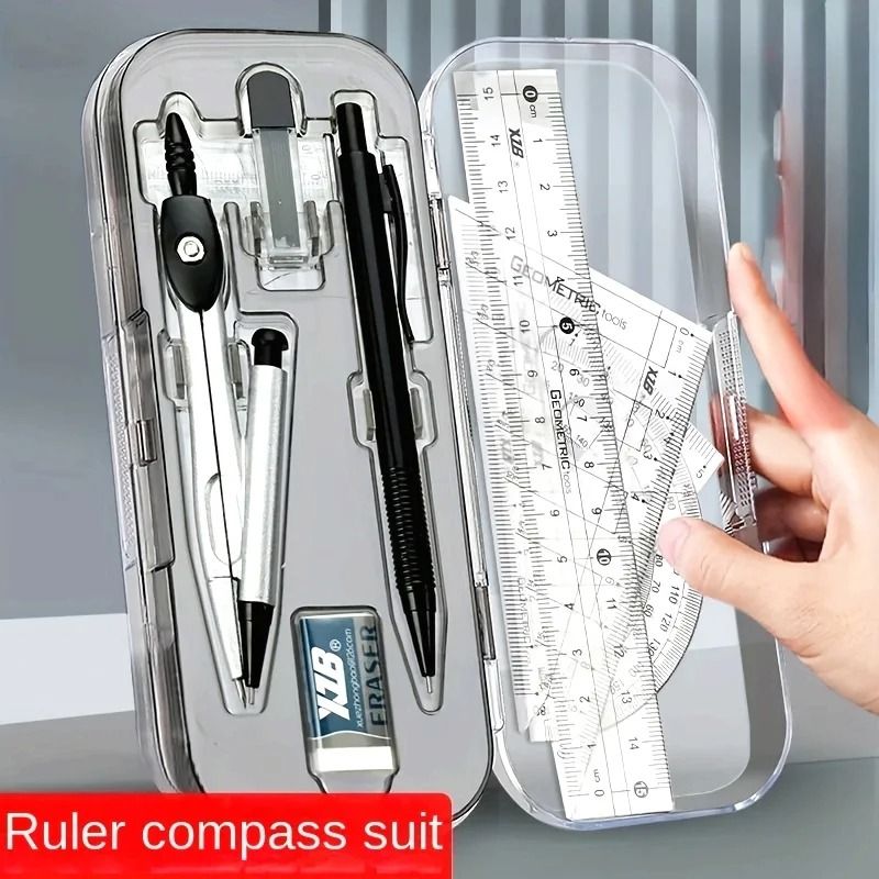 Transparent Plastic Geometry Compass and Ruler Set Durable Drawing Kit for School Students