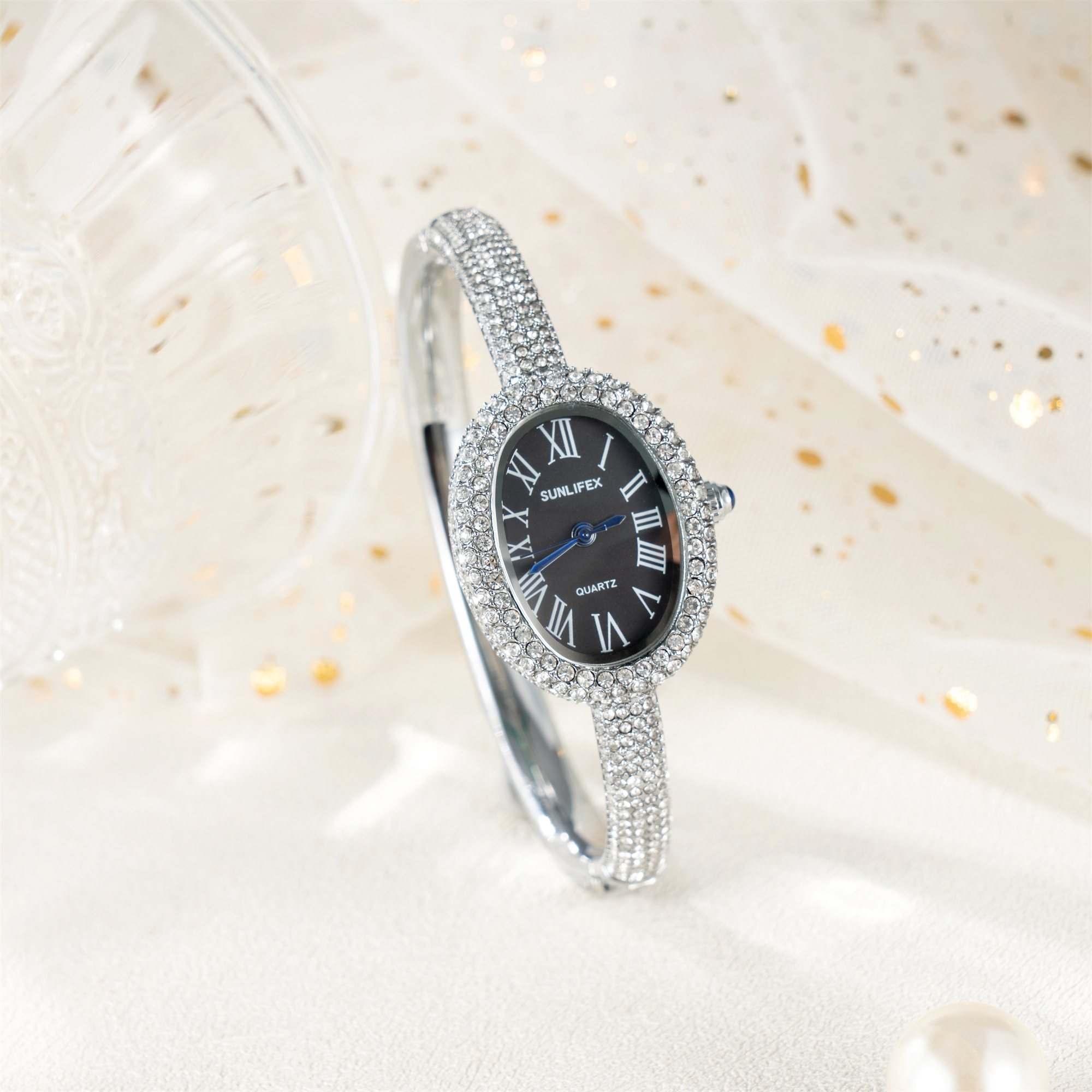 Luxury Women Quartz Watch, New Elegant Bracelet Wrist Watch with Roman Numerals, Rhinestones Inlaid Oval Design