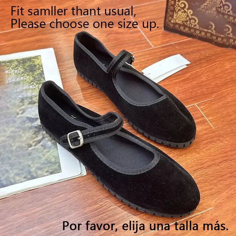 Women Velvet Mary Jane Shoes Hand Stitch Solid Red Flats, Casual Streetwear Cloth Ballet Pumps Loafers