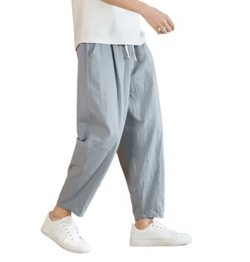 Mens Cotton Linen Casual Pants Breathable Loose Straight Leg Drawstring Streetwear Trousers