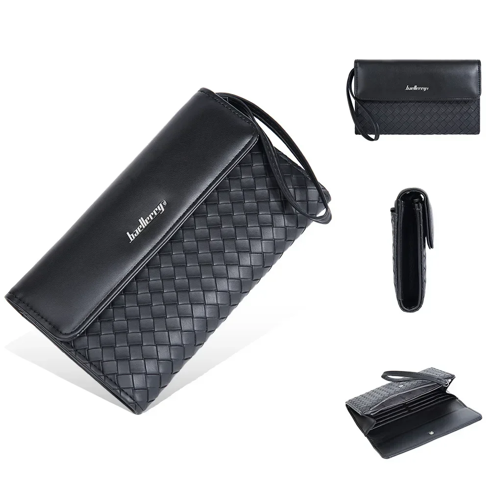 Premium Men's Leather Wallet European American Woven Pattern Multi Card Zipper Clutch