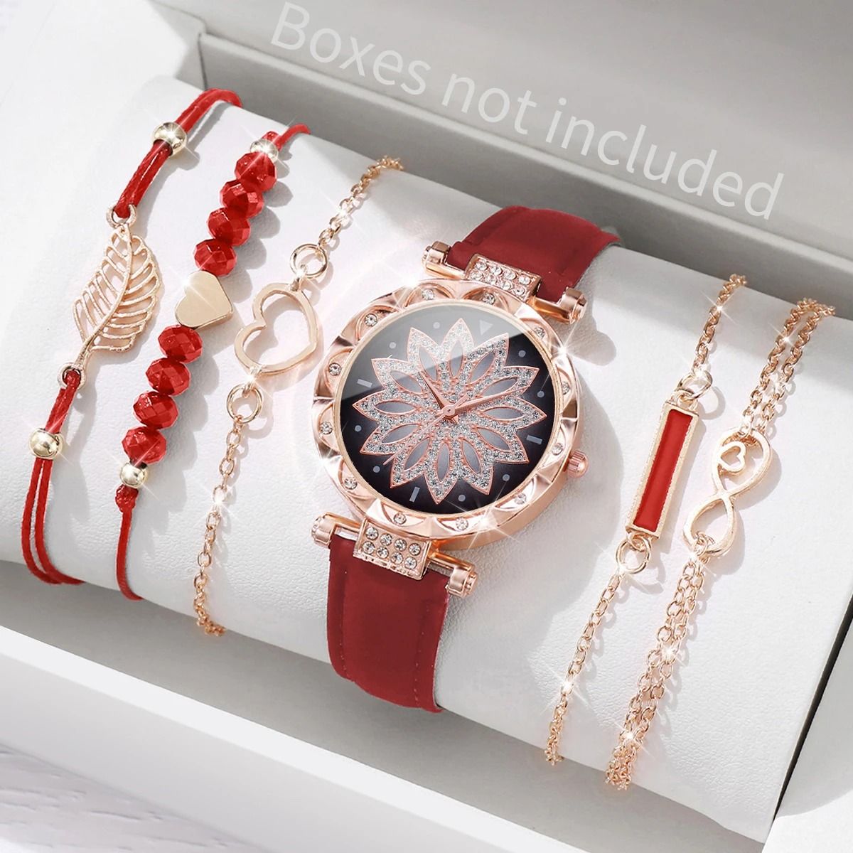 6-Piece Fashion Heart Dial Watch Set – Elegant Leather Band & Leaf Bracelet Collection