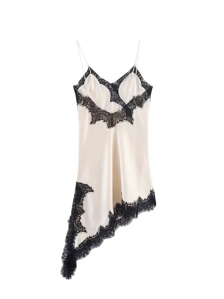 Women Fashion Sexy V Neck Lace Elegant Halter Dress Asymmetric Hem