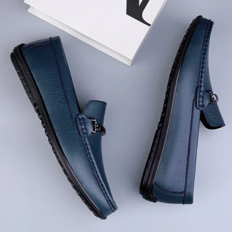 New Casual Men Slip-On Shoes, Luxury Leather Blue Loafers, Handmade Business Driving Flats
