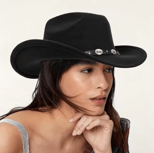 Womens Felt Western Cowboy Hat Studded Pinched Cowgirl Fedora with Wide Brim and Buckle Band