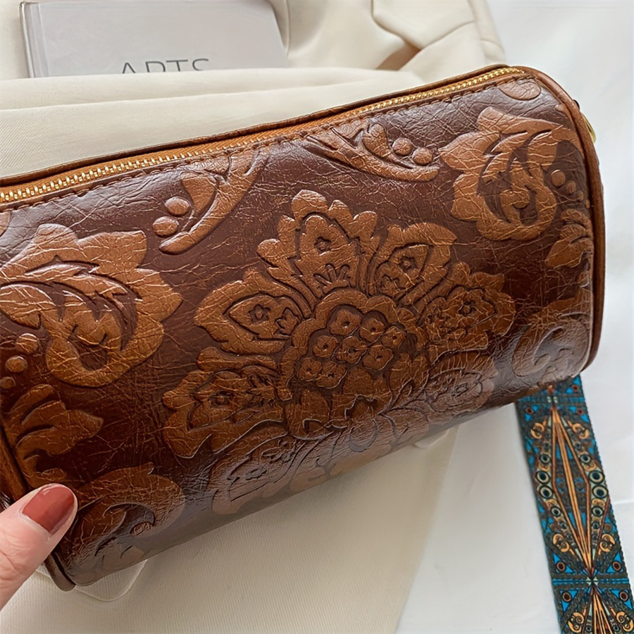 Fashionable Chinese Style Retro Womens Cylindrical Shoulder Crossbody Bag Embossed & Chic