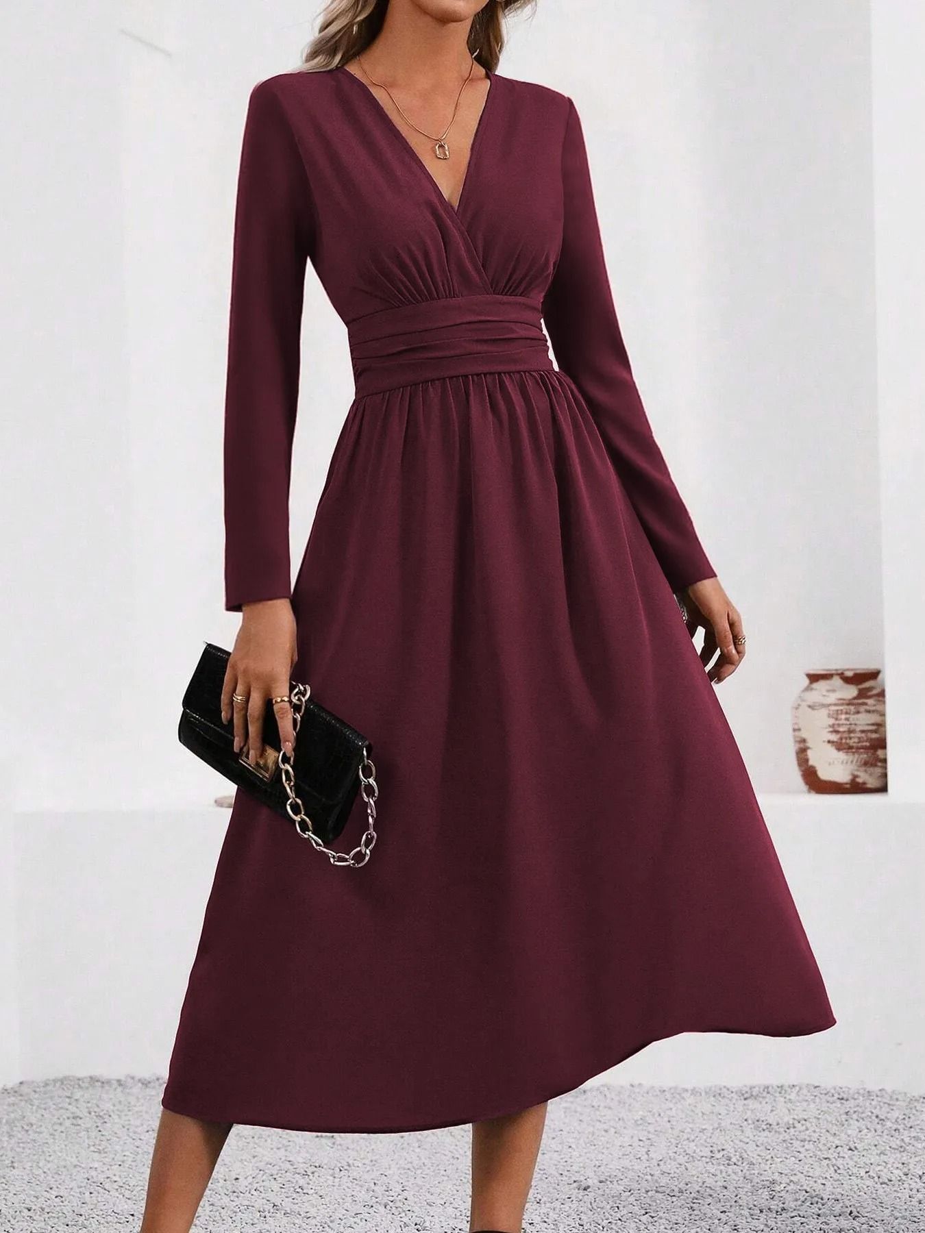 Elegant Overlap V-Neck Knit Bodycon Maxi Dress