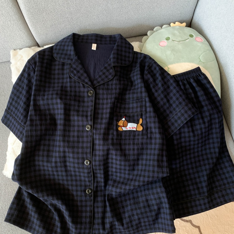 Cute Pajamas Set for Women, Embroidery Dog Sweet Fashion, Plaid Lapel Neck, Elastic Waist Casual Nightwear