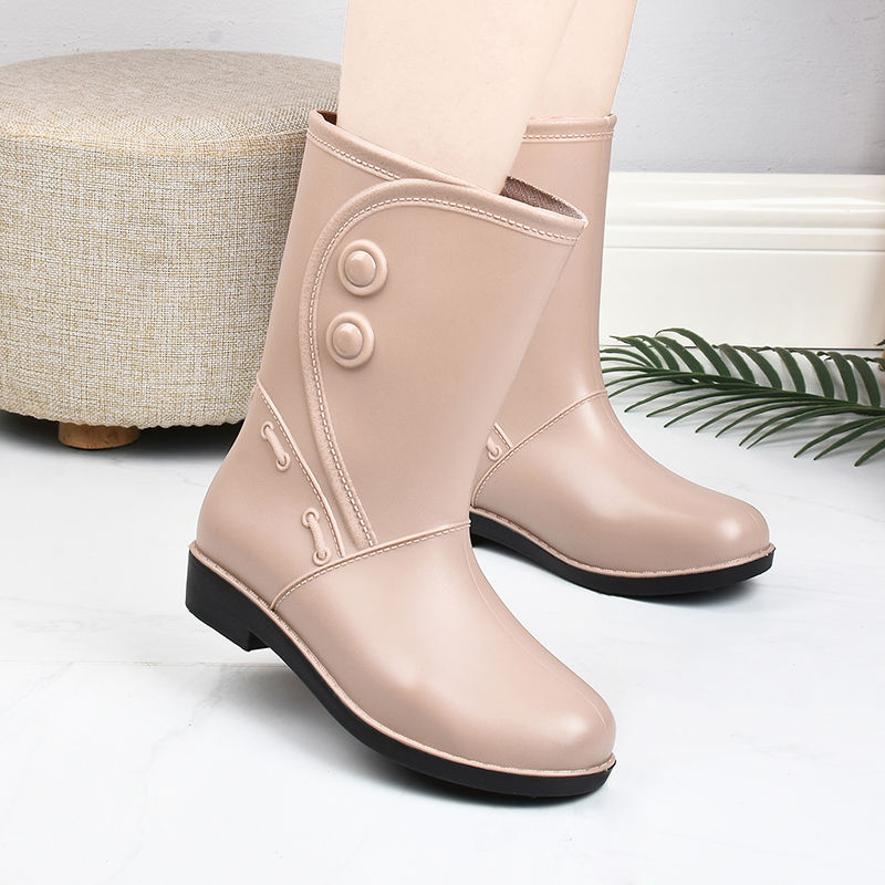 Mid Calf Non Slip Wear Resistance Waterproof Rain Boots - PVC Flat Round Toe Fashion Thermal Rain Shoes