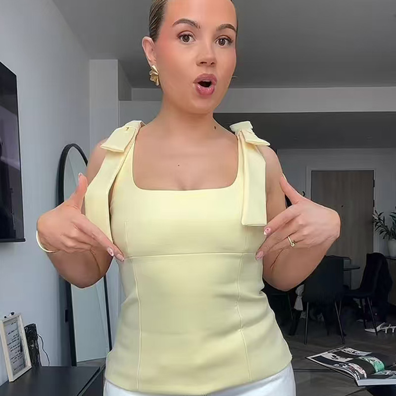 Summer Butterfly Crop Top Woman, Yellow White Slip Top, Off Shoulder Tank Top, Cute Bow Design, Sleeveless Backless Tops