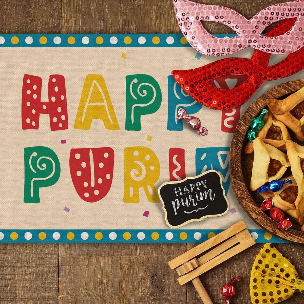 Happy Purim Linen Table Runner Decor